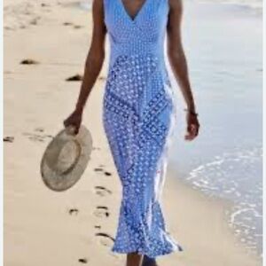 L.L. Bean Delft Blue Sleeveless V-Neck  Print Rayon Jersey Knit Sundress M